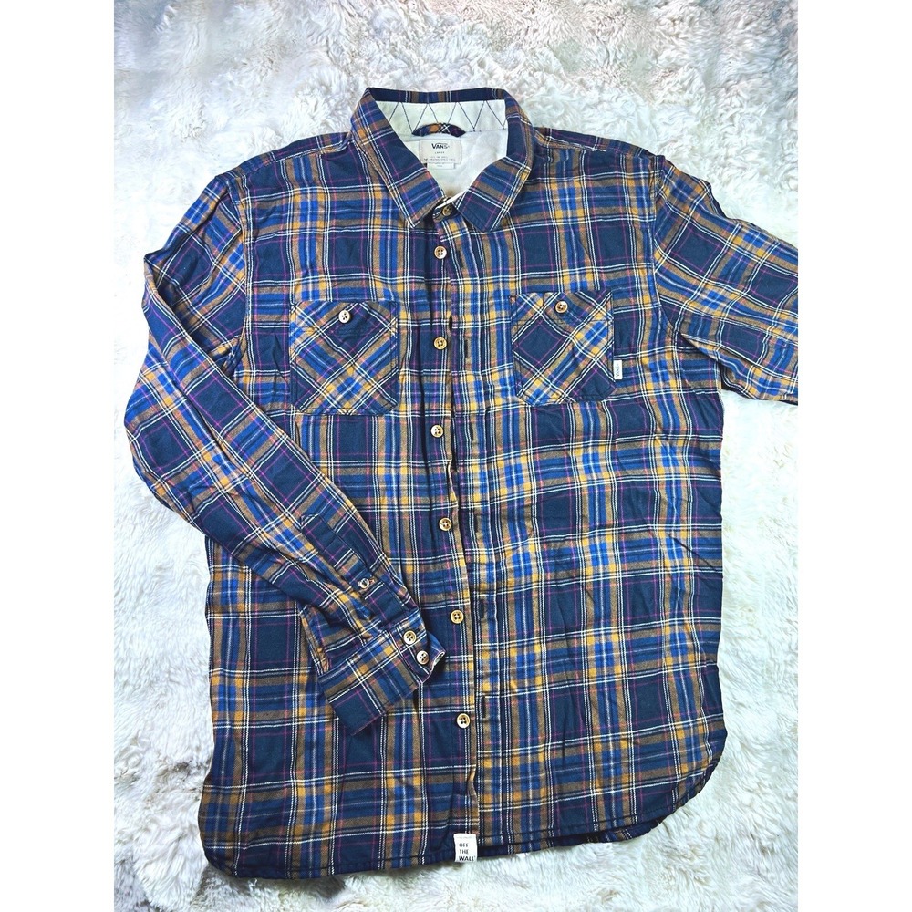 VANS Off the Wall Mens Siz L Blue/Tan/Pink Plaid Flannel Long Sleeve Shirt . A27